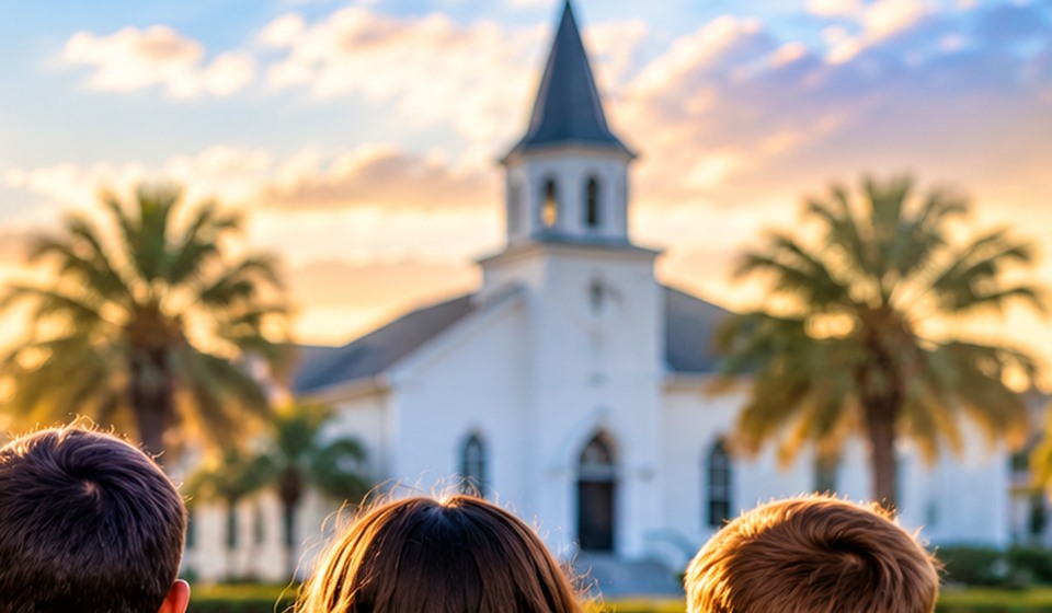 White coastal church surrounded by palm trees